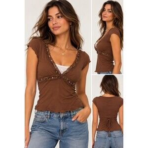 Bongo Y2K Brown Embellished Lace V Neck Babydoll Tee Top Tie Back Size M